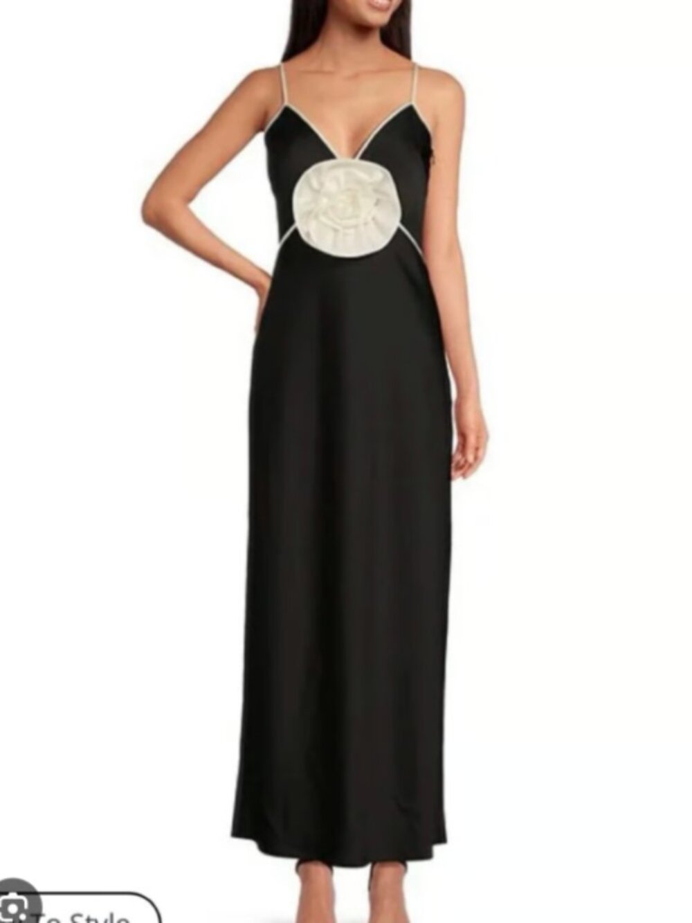 Gianni Bini Black & Cream Rosette Maxi Dress Satin Slip Dress Size 4 - Picture 2 of 7